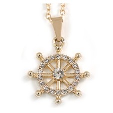 Clear Crystal Steer Wheel/ Ship Steering-wheel Pendant with Gold Tone Chain -