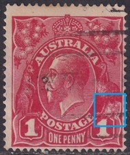AUST KGV 1d RED SWk. FLAW - 'TIN SHED'. USED. (L625)
