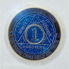 1 Year Alcoholics Anonymous Medallion Blue Gold Plated AA Sobriety Chip Coin