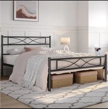 King Metal Bed Frame with Curved Design Headboard, Black, Strong Bed Frame