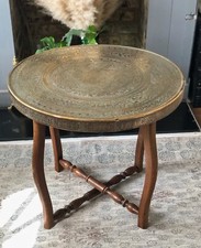 Vintage Middle Eastern Brass Tray Table – Hand-Etched Ornate Top with Wood