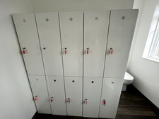 Quality Glossbox office steel lockers in Snow White high-gloss with coat hooks