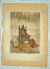 Original Old Antique Print Colour Cathedral Throne Chair