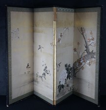 Antique Japan folding screen painting small byobu hand craft 1880