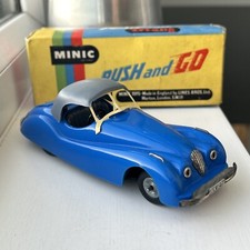 TRI-ANG MINIC JAGUAR XK120 PUSH AND GO BLUE PLASTIC MODEL WITH ORIGINAL BOX