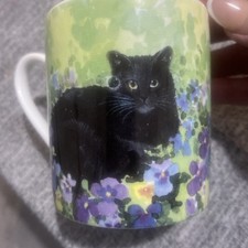 Black  Cat In Pansies Lesley Holmes Cup Mug Fine Bone China Melamaster England