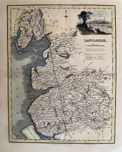 1833 antique map - antique, lancashire