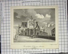 Original Old Antique Print Church Houses Shops Horse