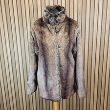 Cotton Traders Faux Fur Coat UK 16 Black High Neck Hip Length Overcoat