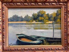Small Antique Oil Painting Landscape Boat River Signed Frame 20th Century Hst