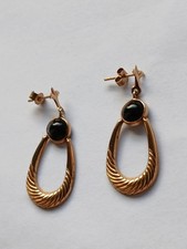 Vtg 9ct Gold Drop Earrings , Oval Hoop - Diamond Cut  + Black Onyx 
