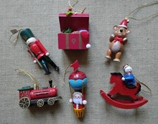 Set of 6 Vintage Wooden Christmas Tree Ornament Decorations Hanging Ornaments