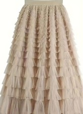 A New Women High-Waisted Khaki Beige Color Tulle Cake Skirt in A-Line L 12/14