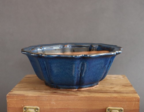 Bonsai pot round blue - round, glazed