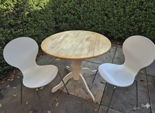 Pine Round Double Drop Leaf Folding Table and 2 Wood Chairs with Metal Legs