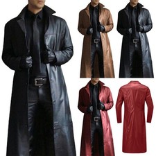 Retro Men PU Leather Trench Coat Long Coat Full Length Overcoat Winter Jacket UK