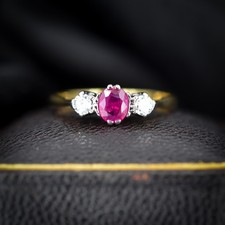 Vintage Ruby and Diamond 18ct Gold Three Stone Trilogy Ring