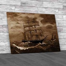 Sail Ship At Stormy Sea Sepia