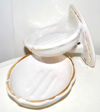 Vintage Soap Dish duo-Art Deco style Ceramic White & Gold Decorative-Unmarked GC