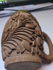 Vintage German HandCarved Floral Wooden Beer Mug With Aluminium Insert