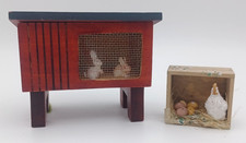 1:12 dolls house animals pets farm rabbit hutch with rabbits chicken eggs garden