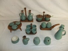 Denby Bourne - Manor Green - vintage cruet set oil vinegar salt egg cup - 6D2A #