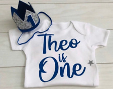 Personalised Boys 1st Birthday Romper Vest Royal Blue Crown Hat Cake Smash One