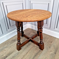 Antique Solid Oak Wooden Occasional Round Hall Table - Turned Cross Base