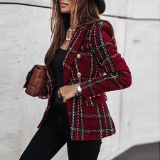 Womens Long Sleeve Plaid Blazer Suit Jacket Ladies Double Breasted Formal Coat