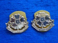 PAIR QUEENS LANCASHIRE REGIMENT ANODISED GOLD COLLAR BADGES + PLATES & PINS