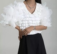 Ladies Ivory White  Ruffle Tulle Frill  Top   Chic Blouse Summer T shirt  8 10