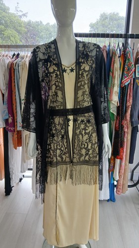 Black fringe lace kimono - black,