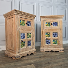 Pair 2 Antique Style Rustic Indian Bedside Cabinets Lamp Side Tables Cupboards