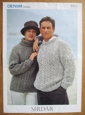 Sirdar Denim Chunky Knitting Pattern 5553: Adult's Cable Jumpers: 32-42"
