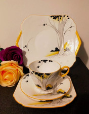 shelley Tall Tree Oxford Shape Teacup Trio mint condition