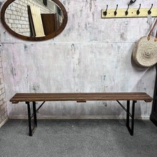 Vintage Folding Trestle Bench Stained Slatted Top Metal Legs Great Patina