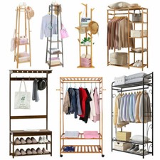 Large Coat Stand Metal Wood Bamboo Clothes Rail Shelf Corner Garment Rack Home