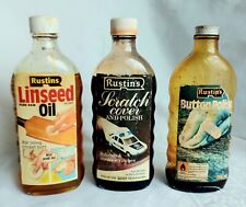 3 X Vintage Rustin's Glass Bottles ~ Linseed Oil, Scratch Cover & Button Polish.
