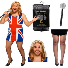 Men's Union Jack Dress Wig Tigts Microphone Set 90s Stag Do Fancy Dress Costume