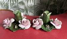 Pair of Capodimonte Italian Porcelain Rose Candle Stick Holders Cottage Style