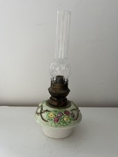 Vintage floral pottery kerosene oil lamp base with brass fitting & glass funnel