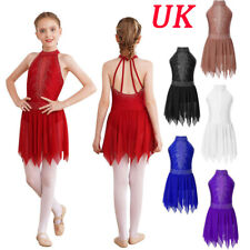 UK Kids Girls Dance Dresses Ballet Dance Figure Ice Skating Leotards Halter Neck