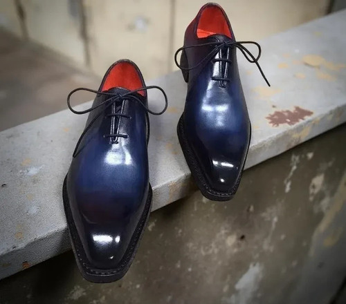 Men navy blue leather oxford - leather,