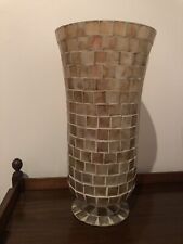 Large Vintage Mosaic Hurricane Lamp Vase Pearlised Tiles Neutral Colours 33cm