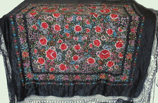 GENUINE - Antique Chinese Hand Embroidered Floral  Fringed Piano Shawl