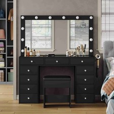 Yanosaku Vanity Desk with Mirror, 11 Drawers Vanity, 12 LED, Black