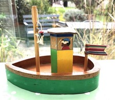 Vintage Blue Cat Hand Crafted Toy Wooden Boat Waterproof- Sails Nicely 6” x 3.5”