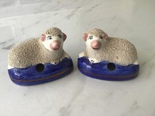 19C. Pair of Staffordshire Pottery Sheep/Lambs - Pen Holder Stand - Antique