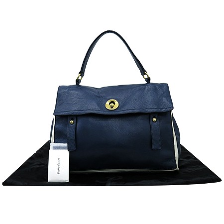 Ysl 229563 navy leather - leather, fabric