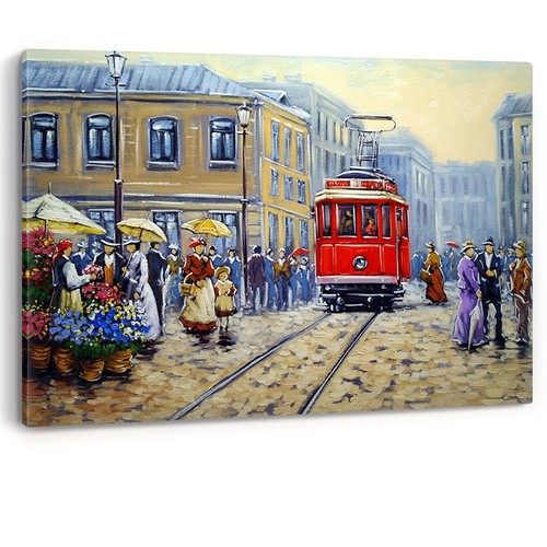 Tram old city oil painting - tram,